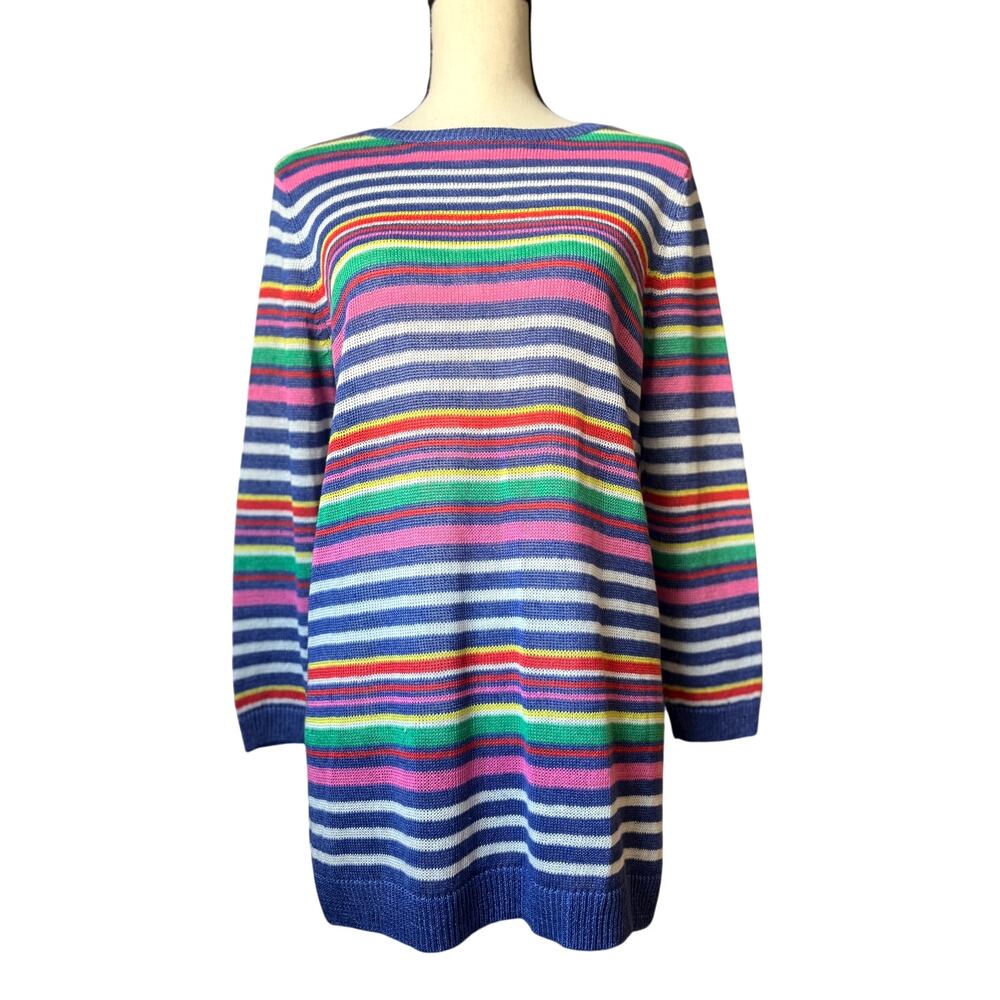 TALBOTS 100% Linen Sweater Medium Oversized Rainbow Striped Linen 3/4 Sleeve